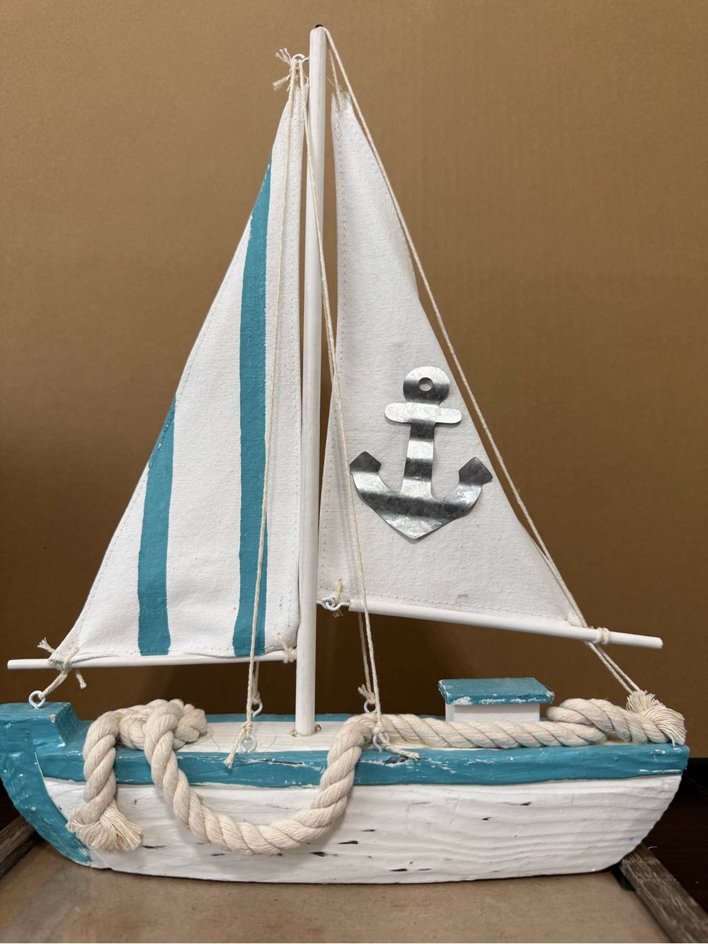 Striped Teal and White Nautical Sailboat Decor